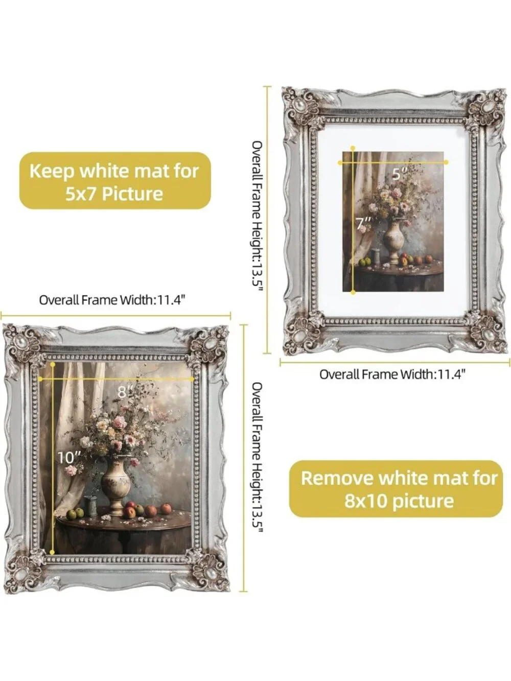 Vintage 8x10 Picture Frame with Embossed Flowers, Silver Ornate Home Decor